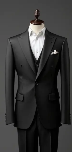 Black double-breasted blazer with white shirt and pocket square