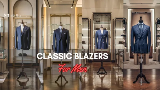 Four navy Classic Blazers For men displayed on mannequins in a luxury boutique setting