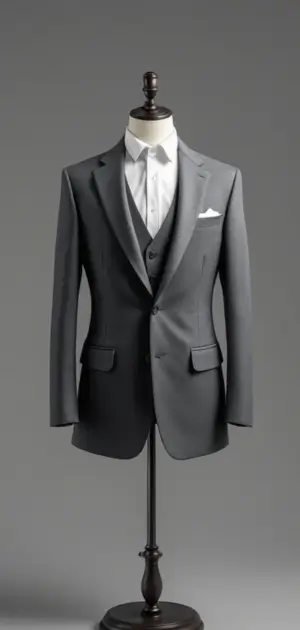 Charcoal grey blazer with matching vest and white shirt on a mannequin