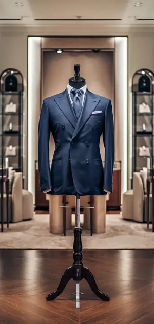 Elegant double-breasted navy blazer on display in a high-end boutique