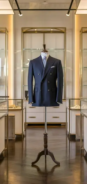 Navy blazer displayed on a mannequin with gold and glass showroom details