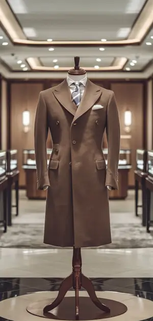 Tan formal coat displayed in a luxury showroom