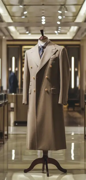 Long tan coat with gold buttons on display.