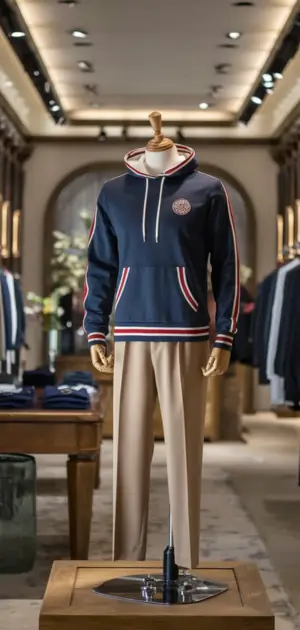 Navy blue hoodie with red and white stripes on cuffs and hem