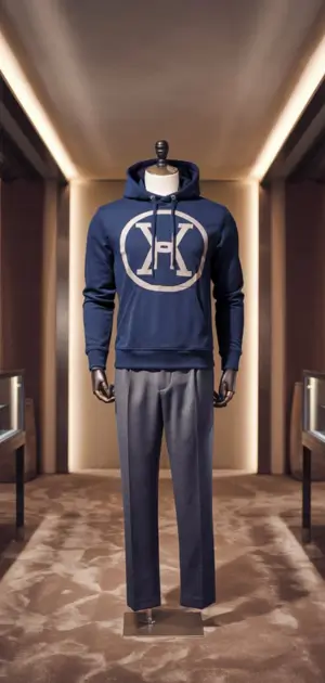 Navy blue hoodie with bold circular logo on the chest.