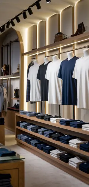 Men's T-shirts in neutral colors showcased in a minimalist store design