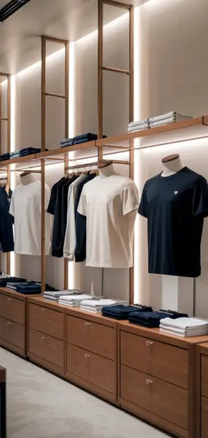 T-shirt collection displayed on mannequins and shelves in a sleek retail environment