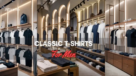 Collage of retail store images displaying Classic T-Shirts For men in different settings