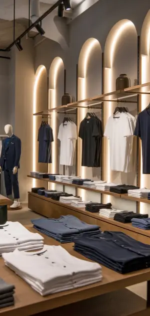 Stylish T-shirt display in a retail store with arched shelves and warm lighting
