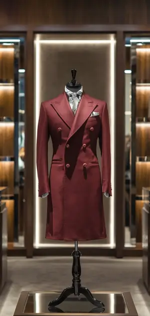 Red formal coat displayed in a luxury store