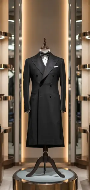 Black double-breasted formal coat displayed on a mannequin