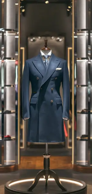 Blue double-breasted coat displayed on a mannequin