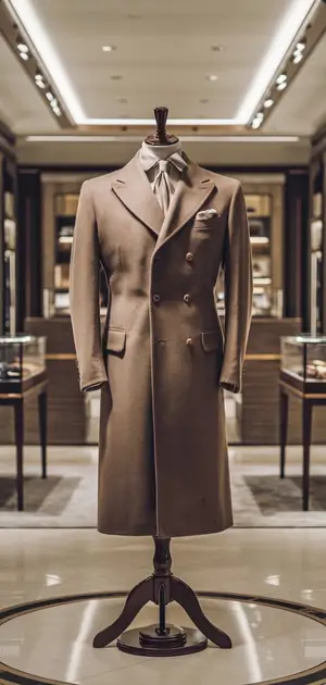 Classic tan double-breasted coat displayed on a mannequin