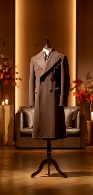Double-breasted brown fall coat in warm lighting