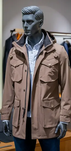 Brown travel coat with button details displayed on a mannequin