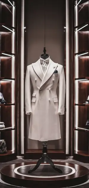 Elegant white men's coat displayed in a luxury store.