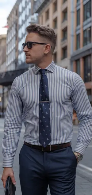 Shirts for men formal Classic striped office formal dress shirt with navy trousers and a tie.