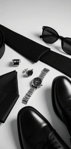 Black suit paired with suspenders and leather shoes