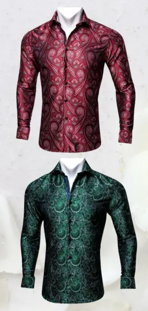 Bohemian clothing for men, formal dress shirts in red and green with paisley designs.