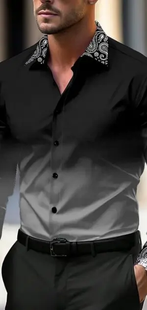 Formal casual clothes men Light blue men’s casual, formal dress shirt paired with a tan leather belt.