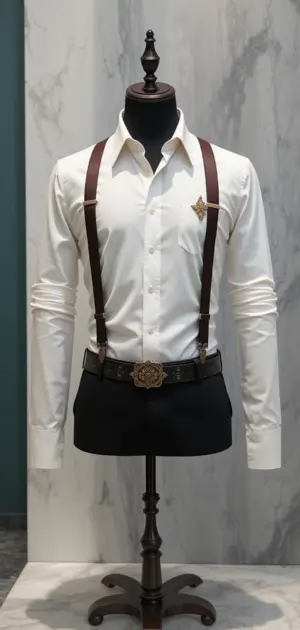 A white dress shirt with brown suspenders and an elegant gold emblem.