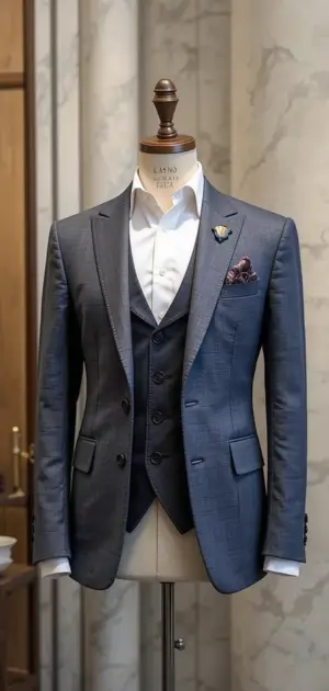 A navy-blue three-piece linen suit displayed on a mannequin with a brooch.