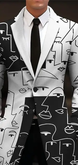 Men’s abstract coat in black and white with bold artistic face-line patterns.