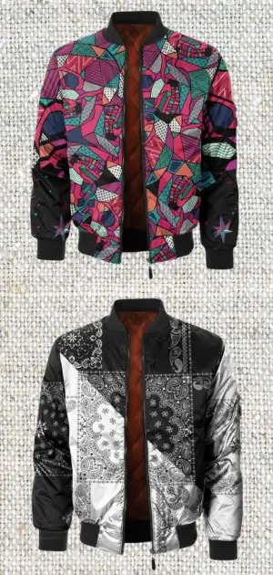 Stylish men’s abstract jackets featuring colorful patterns and black-and-white designs.