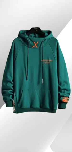 Green men's hoodie featuring orange accents and a comfortable design.