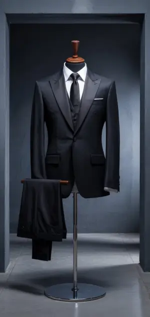 Black suit with a matching tie and pants, displayed on a mannequin.