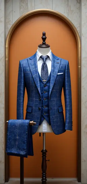 A blue plaid suit displayed on a mannequin with matching trousers.