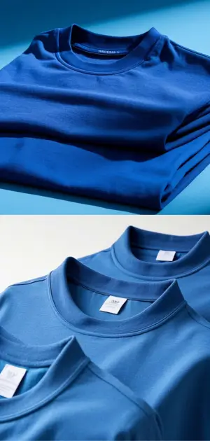 Folded and stacked men’s blue T-shirts in various shades and designs.