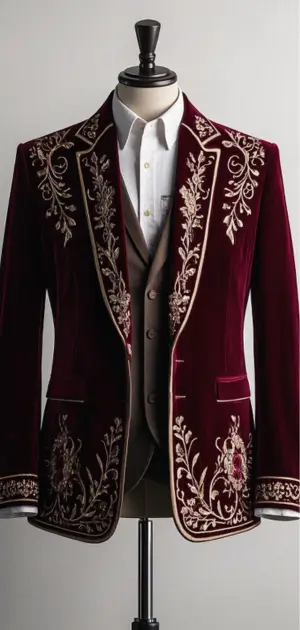 A burgundy velvet men’s bohemian jacket adorned with ornate gold embroidery.