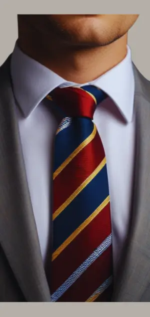 A cotton skinny tie with striped patterns on a light pastel shirt.