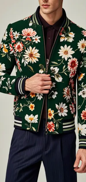 Men’s green floral jacket featuring bold, vibrant flower patterns for unique styling.