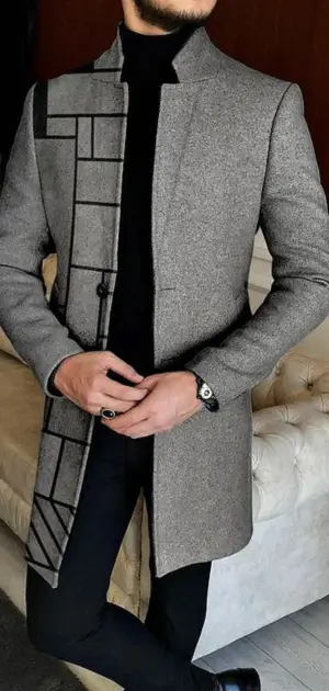 Men’s gray geometric coat featuring modern black patterns and tailored fit.