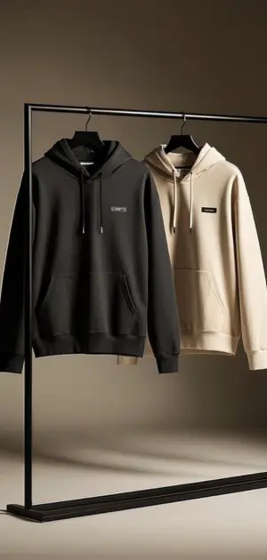 A pair of men's neutral hoodies in black and beige, perfect for casual and modern looks.