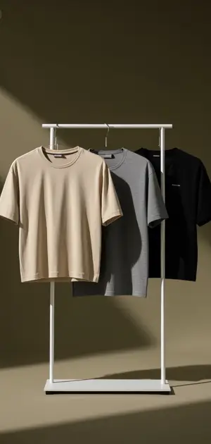 Three neutral-colored men's t-shirts in beige, gray, and black displayed on a white rack.