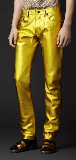 Shiny gold metallic party pants for men, ideal for bold and festive celebrations.