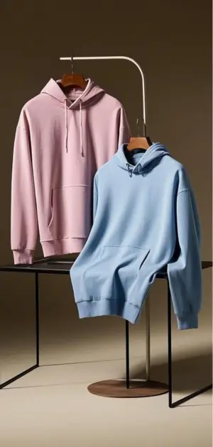 A pair of men's pastel hoodies in pink and blue, showcasing soft, trendy colors.