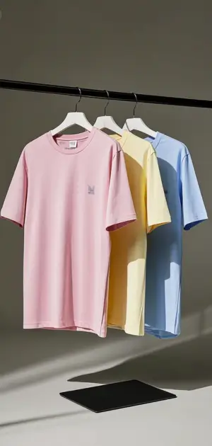 Three pastel-colored t-shirts in pink, yellow, and blue shades hanging neatly on a rail.