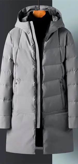 A sleek grey polyester coat with a hood, designed for men seeking winter elegance.