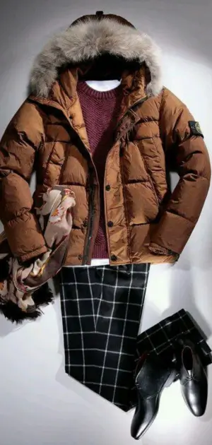 A cozy brown polyester jacket with fur hood, sweater, plaid trousers, and boots for men.