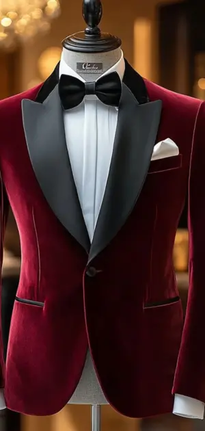 Red and white mens suit Velvet red formal suit with black lapels and bow tie on a mannequin.