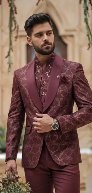 Man in a maroon silk suit with floral patterns, styled for formal occasions in formal mens clothing suits.