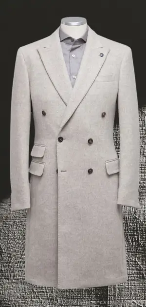 Men’s light gray double-breasted coat featuring a classic and refined design.