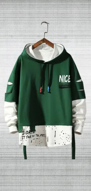 Men's green and white sports hoodie featuring layered design and bold text accents.