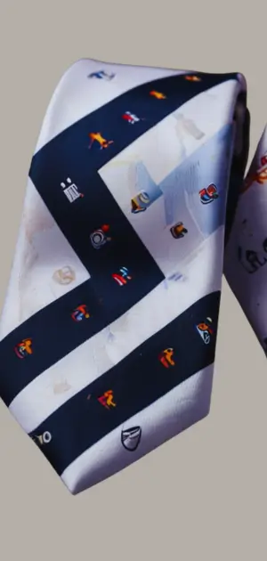 Multicolor baseball-themed tie showcasing team logos and vibrant patterns
