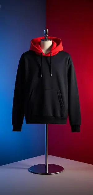 Men’s streetwear hoodie in black with a vibrant red hood, offering bold contrast.