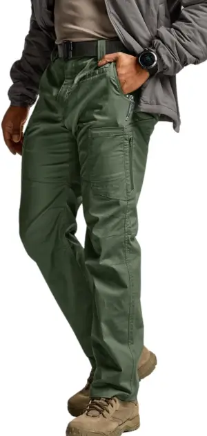 Men’s olive green travel pants feature multiple pockets and are durable in design.